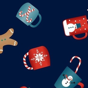 Hot Cocoa Mugs and Gingerbread Cookies in Nondirectional Pattern on Navy Ground Large Scale
