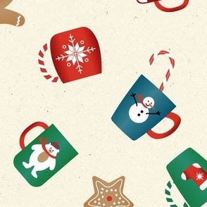 Hot Cocoa Mugs and Gingerbread Cookies in Nondirectional Pattern on Cream Faux Paper Texture  Ground Large Scale