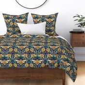 william morris inspired blue gold bee botanical