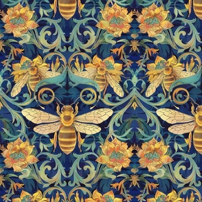 william morris inspired blue gold bee botanical