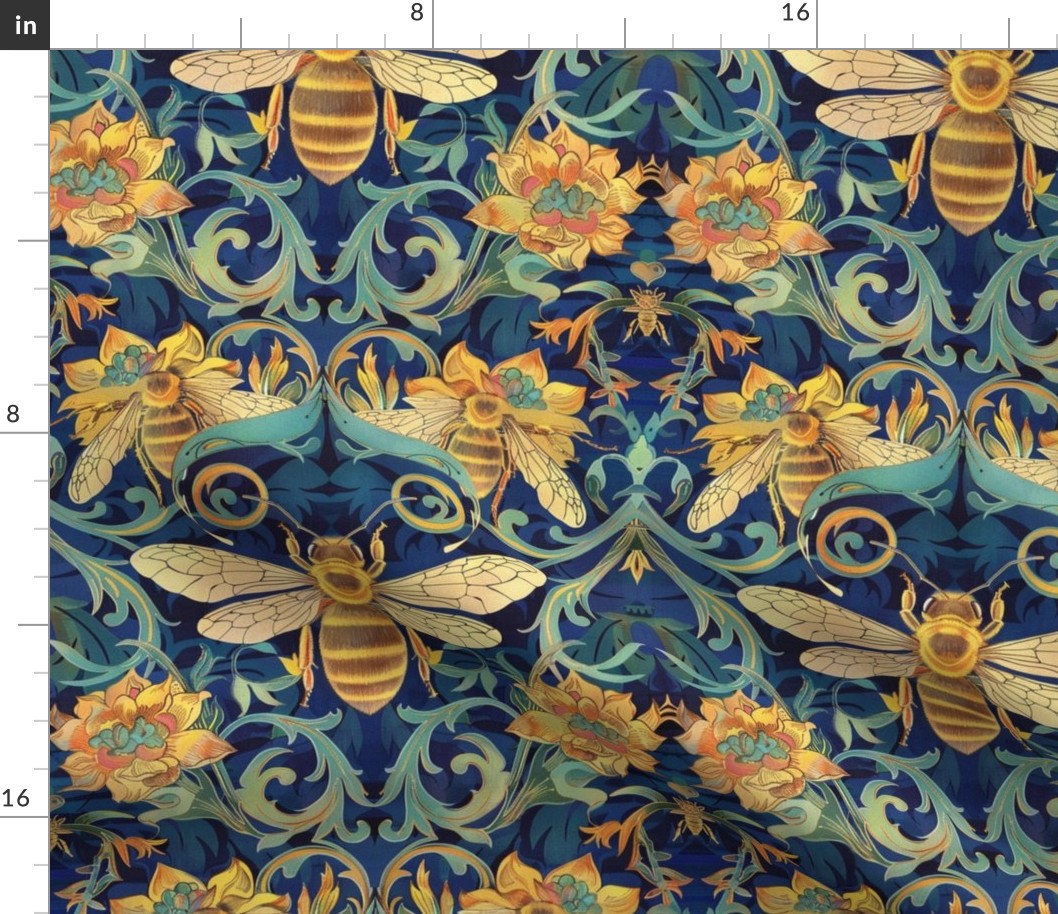 william morris inspired blue gold bee botanical