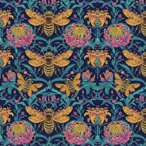 art nouveau neon bees in gold pink and aqua blue