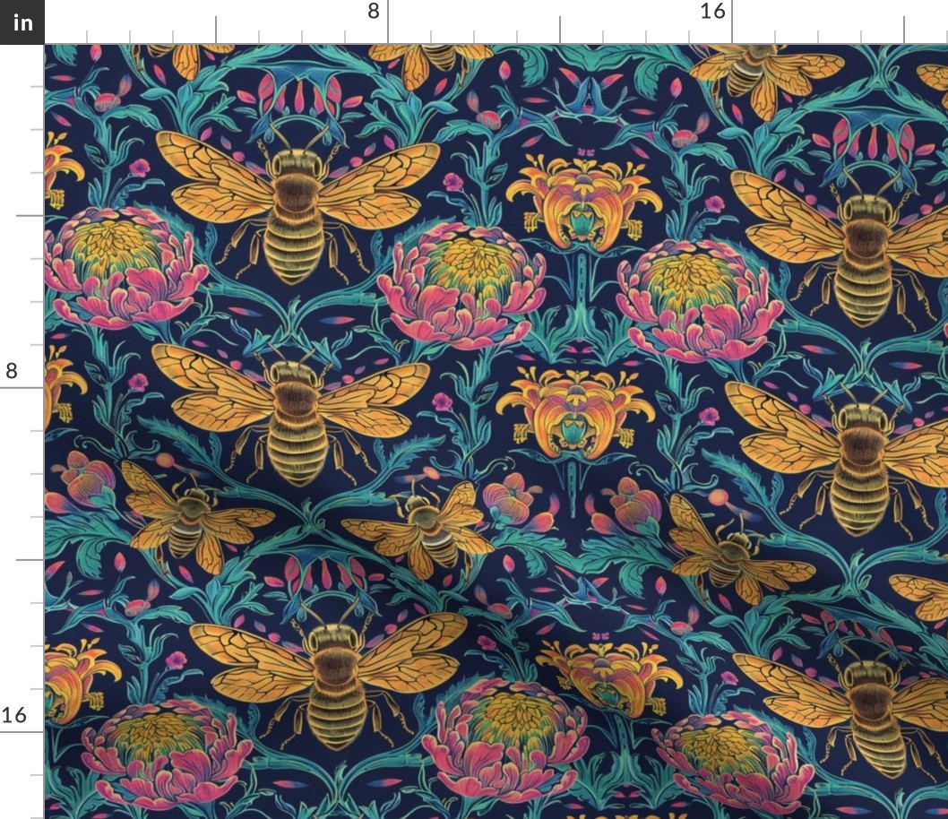 art nouveau neon bees in gold pink and aqua blue