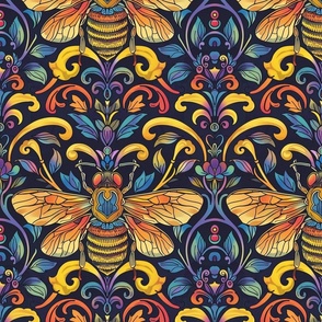 art nouveau botanical bee in orange gold and purple blue