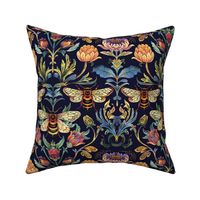 art nouveau garden bee botanical in peach red and green blue