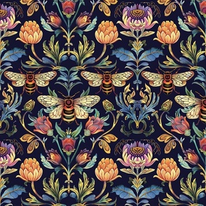 art nouveau garden bee botanical in peach red and green blue