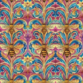 pink and blue art nouveau gold bee abstract botanical