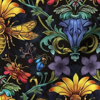 william morris inspired art nouveau bee botanical in gold blue and purple