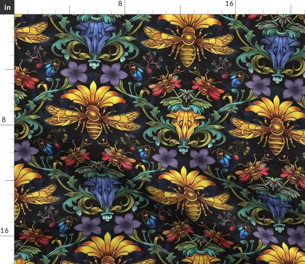 william morris inspired art nouveau bee botanical in gold blue and purple