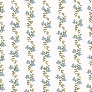 (Large) Preppy Blue Flowers and Green Ferns on Cream White