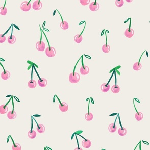 watercolour cherry pattern - Pink cherries in watercolour - summer fruits - cherries with green leaves - medium size