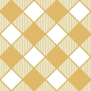 Diagonal Checks with Stripes in Gold on White - Small