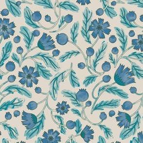 (m) FRENCHIE romantic historical-inspired intertwining trailing florals in teal, royal blue and linen off-white