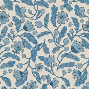 (m) FRENCHIE romantic historical-inspired intertwining trailing florals in Light Dusty Blue, Royal Blue, and Linen Off-White