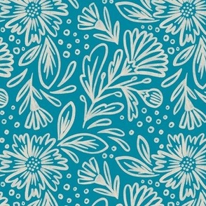 (m) Sketched Florals in Teal and Linen Off-White