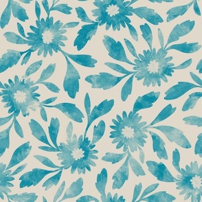 (m) Margaux - simple watercolor textured tossed florals and leaves in Teal and Linen off-white