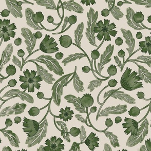(m) FRENCHIE romantic historical-inspired intertwining trailing florals in green and linen off-white