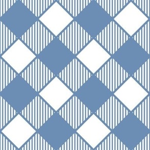 Diagonal Checks with Stripes in Denim Blue on White - Small