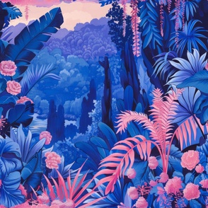 mythical landscape and flora and fauna with a peacock in pink and blue and purple_199