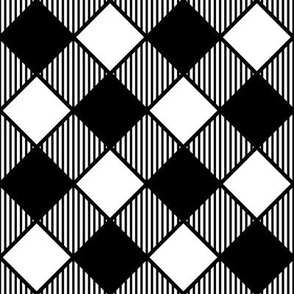 Diagonal Checks with Stripes in Black on White - Small