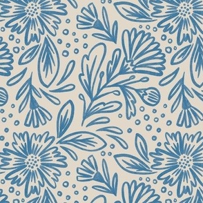 (m) Sketched Florals in Royal Blue and Linen Off-White