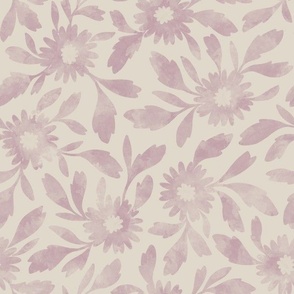 (m) Margaux - simple watercolor textured tossed florals and leaves in Lavender Orchid and Linen off-white