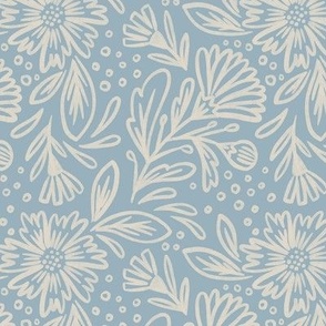 (m) Sketched Florals in Light Dusty Blue and Linen Off-White