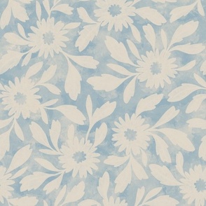 (m) Margaux - simple watercolor textured tossed florals and leaves in Light Dusty Blue and Linen off-white