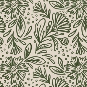 (m) Sketched Florals in Darkest Green and Linen Off-White