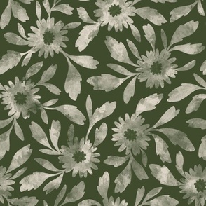 (m) Margaux - simple watercolor textured tossed florals and leaves in Darkest Green and Linen off-white
