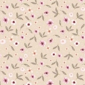 Delicate Ditsy Florals on Beige, Hand Painted Watercolor, S