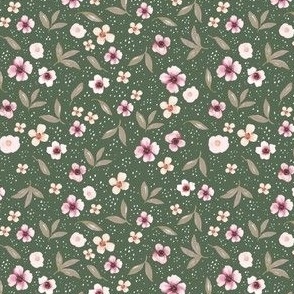 Delicate Ditsy Florals on Muted Green, Hand Painted Watercolor, S