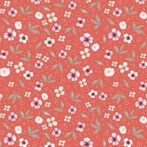 Delicate Ditsy Florals on Muted Red, Hand Painted Watercolor, S
