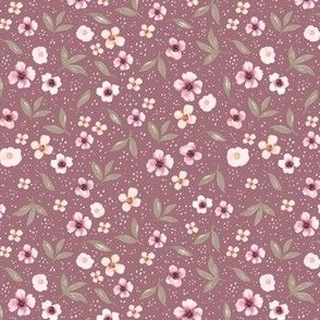 Delicate Ditsy Florals on Plum Blush, Hand Painted Watercolor, S