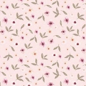 Delicate Ditsy Florals on Light Pink, Hand Painted Watercolor, S