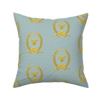Faux Gold on French Blue Antique France Inspired Napoleonic Bee Laurel Wreath Pattern by Sewell Graphic Arts