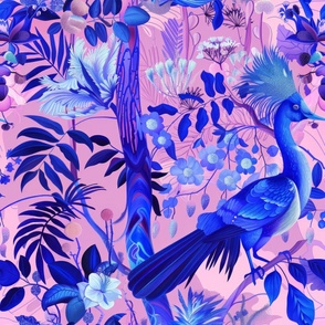 mythical landscape and flora and fauna with a peacock in pink and blue and purple_201