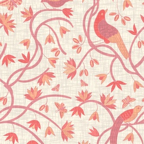 Birds on vines on linen in pinks and oranges (XL) 24" 