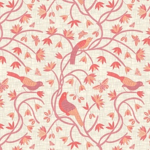 Birds on vines on linen in pinks and oranges (M) 12" 