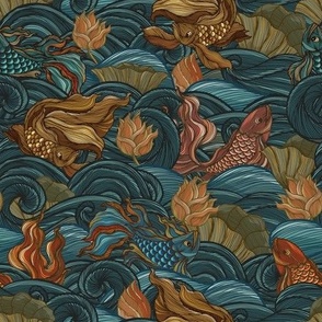 Richly Colored Koi on Cerulean Waves