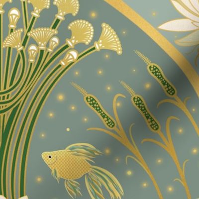 (L) Art Nouveau Goldfish Pond // Blue, Green, Gold, Ivory