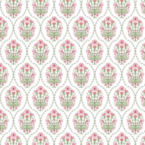 Carnation Block Print in Mughal style, dark pink and  green with border - small