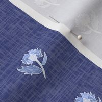 french floral sprigs on linen in blue, (S) 8" 
