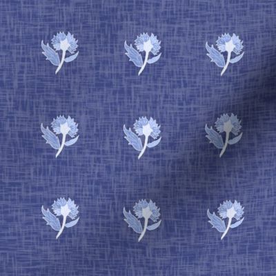 french floral sprigs on linen in blue, (S) 8" 