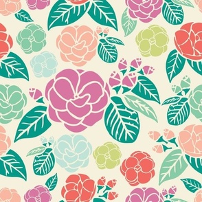 Stylized Block print Flowers - Boho Floral - Solid Colorful Camelias - Pink, Salmon, Blue, Ivory Background - Medium Scale
