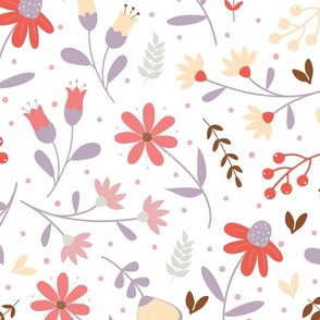 Medium / Summer Has Arrived - Red, Soft Peach and Purple Botanical Florals Flowers Wallpaper Nature Daisies Pastel Colors 
