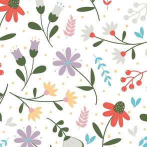Medium / Summer Has Arrived - Red Olive Green Purple Botanical Florals Flowers Wallpaper Nature Daisies Pastel Colors 