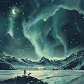 Dog and child watching northern lights 