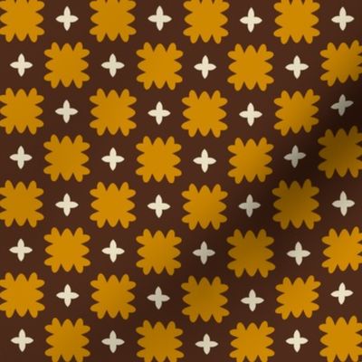 Square Dance // medium print // Adorable Ruffled Golden Yellow Squares and Twinkling Stars on Dark Brown