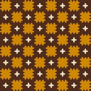 Square Dance // medium print // Adorable Ruffled Golden Yellow Squares and Twinkling Stars on Dark Brown